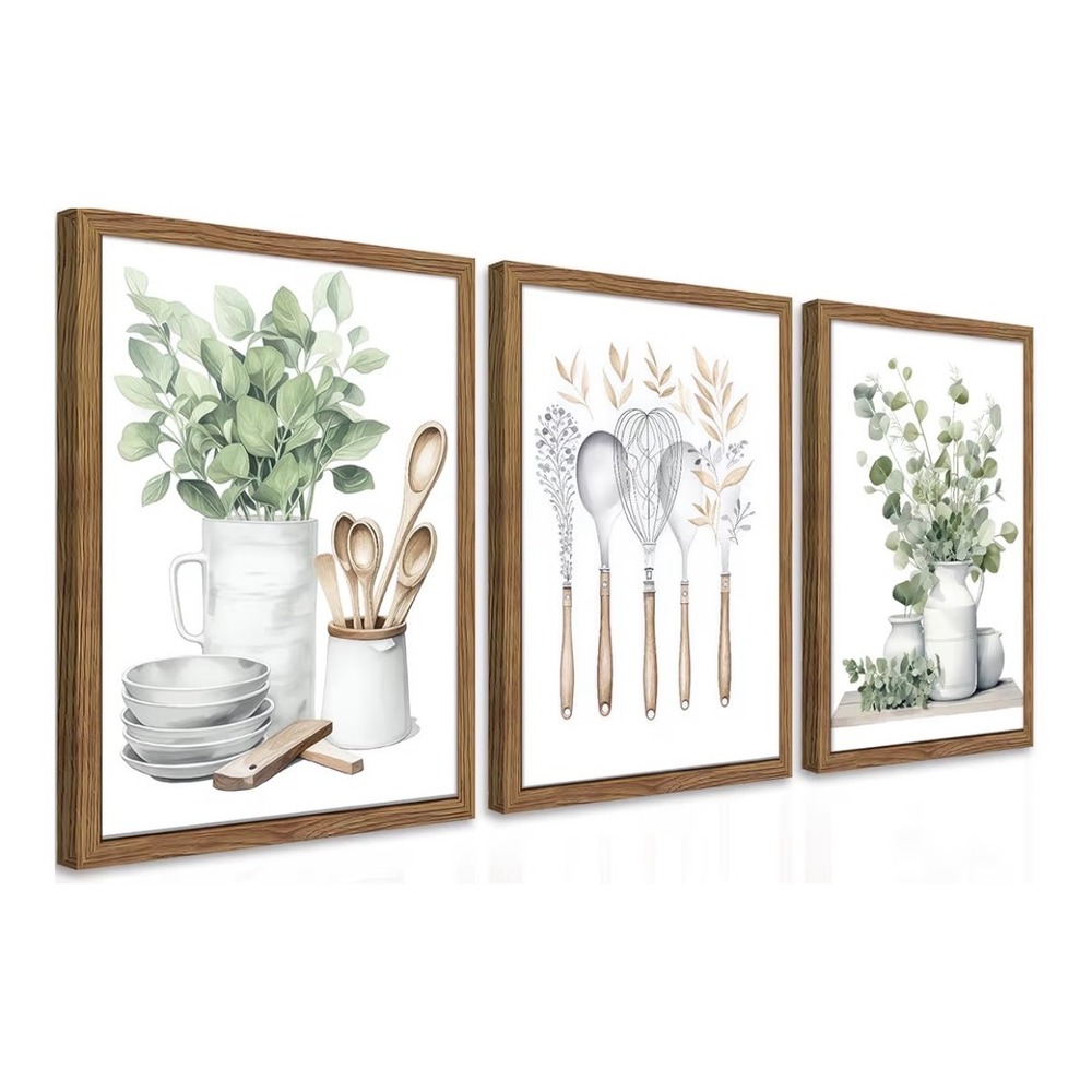 3 Piece Botanical Kitchen Wall Art Set Watercolor Eucalyptus Wood Frames‎ 12x16